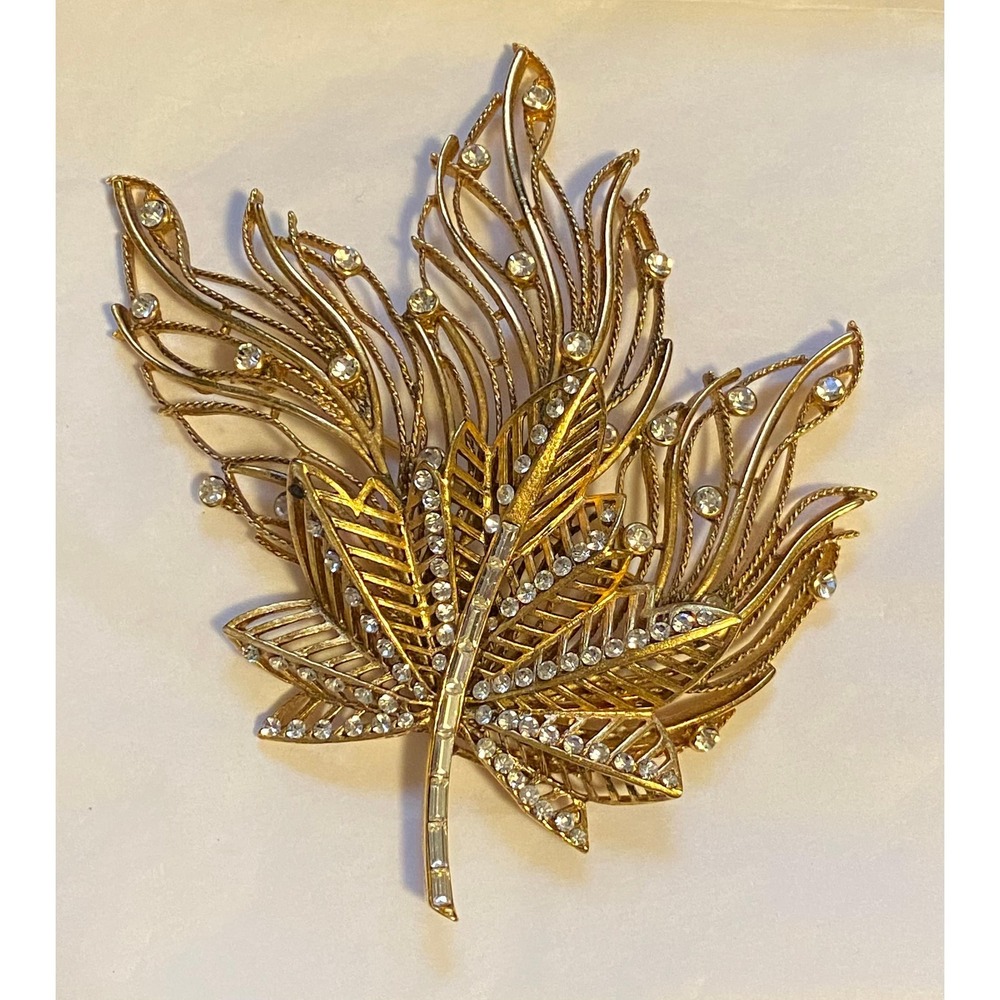 Barrera Large Leaf Brooch Pin Clear Crystal  Gold Tone  4"